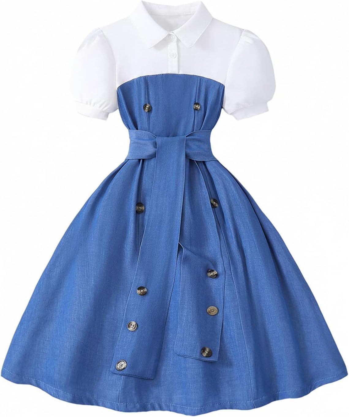 OYOANGLE Girl's Puff Sleeve Button Front Ruffle Princess Dress Color Block Flared Belted Wedding Birthday Dresses