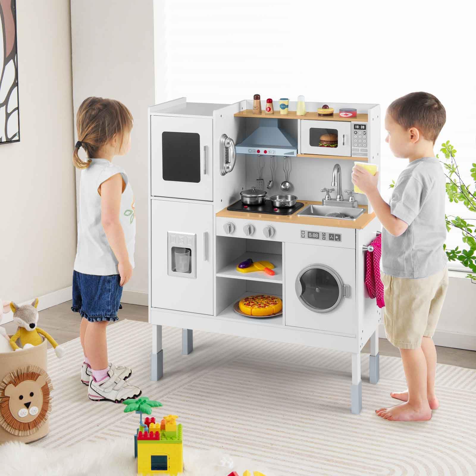HOMASIS Kinderküche Holz, Spielküche mit Zubehör, Kinderspielküche mit Licht & Sound, Spielzeugküche mit Spüle Herd Ofen Mikrowelle Waschmaschine, für Kinder ab 3 Jahre (Weiß+Natur, Groß)