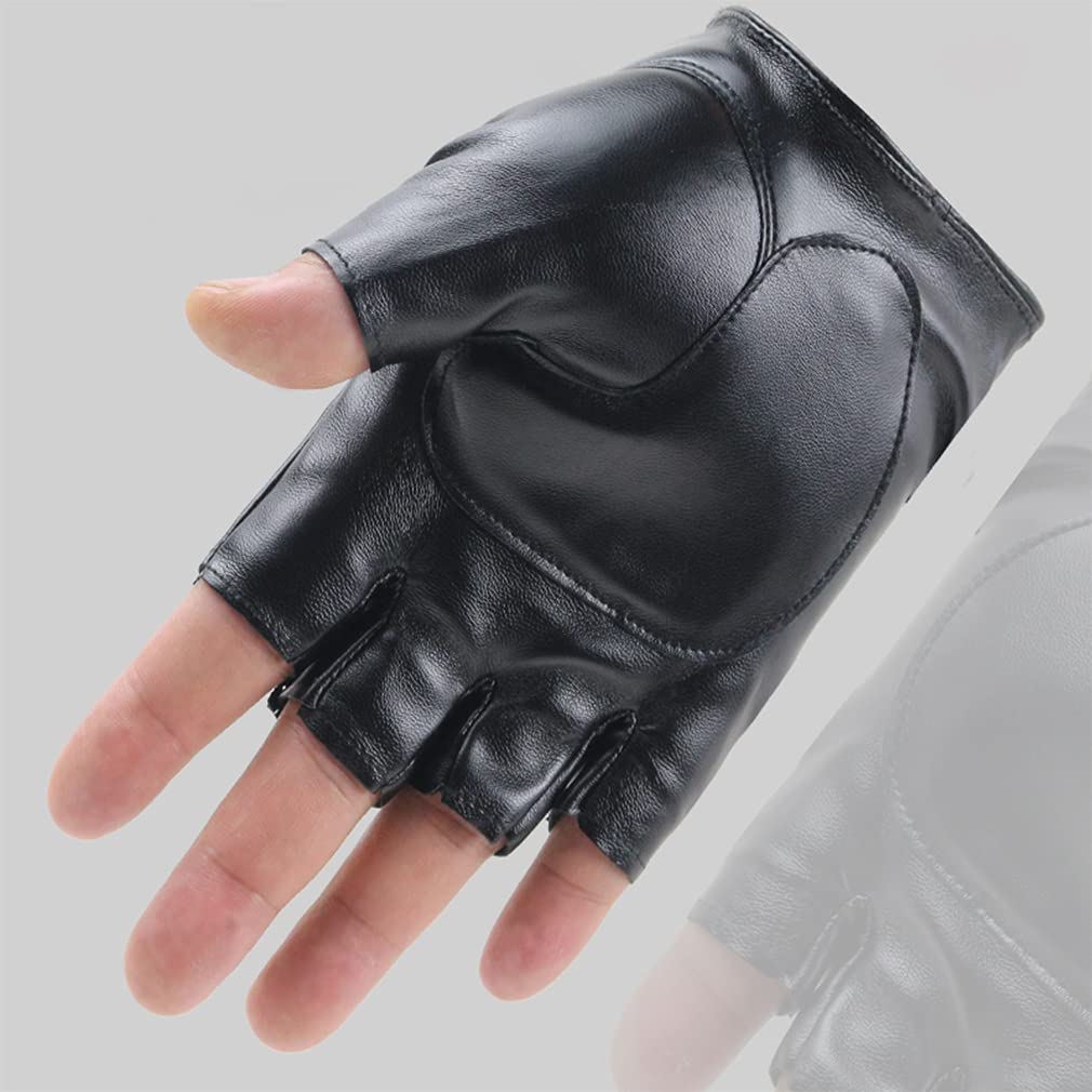 LJCZKA Fingerless PU Leather Gloves for Men Women, Black Faux