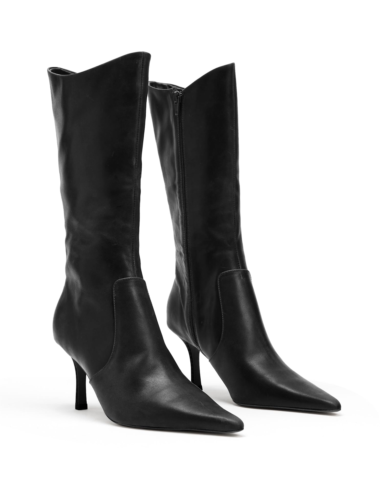 Coutgo Womens Mid Calf Boots Pointed Toe High Heel Long Boots Side Zipper Winter Dress Shoes