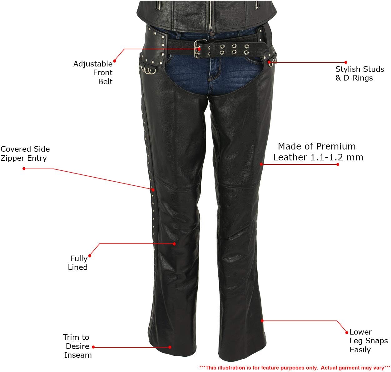 Milwaukee Leather LKL6705 Women's Classic Black Leather Motorcycle Biker Rider Chaps w/Rivet Detail