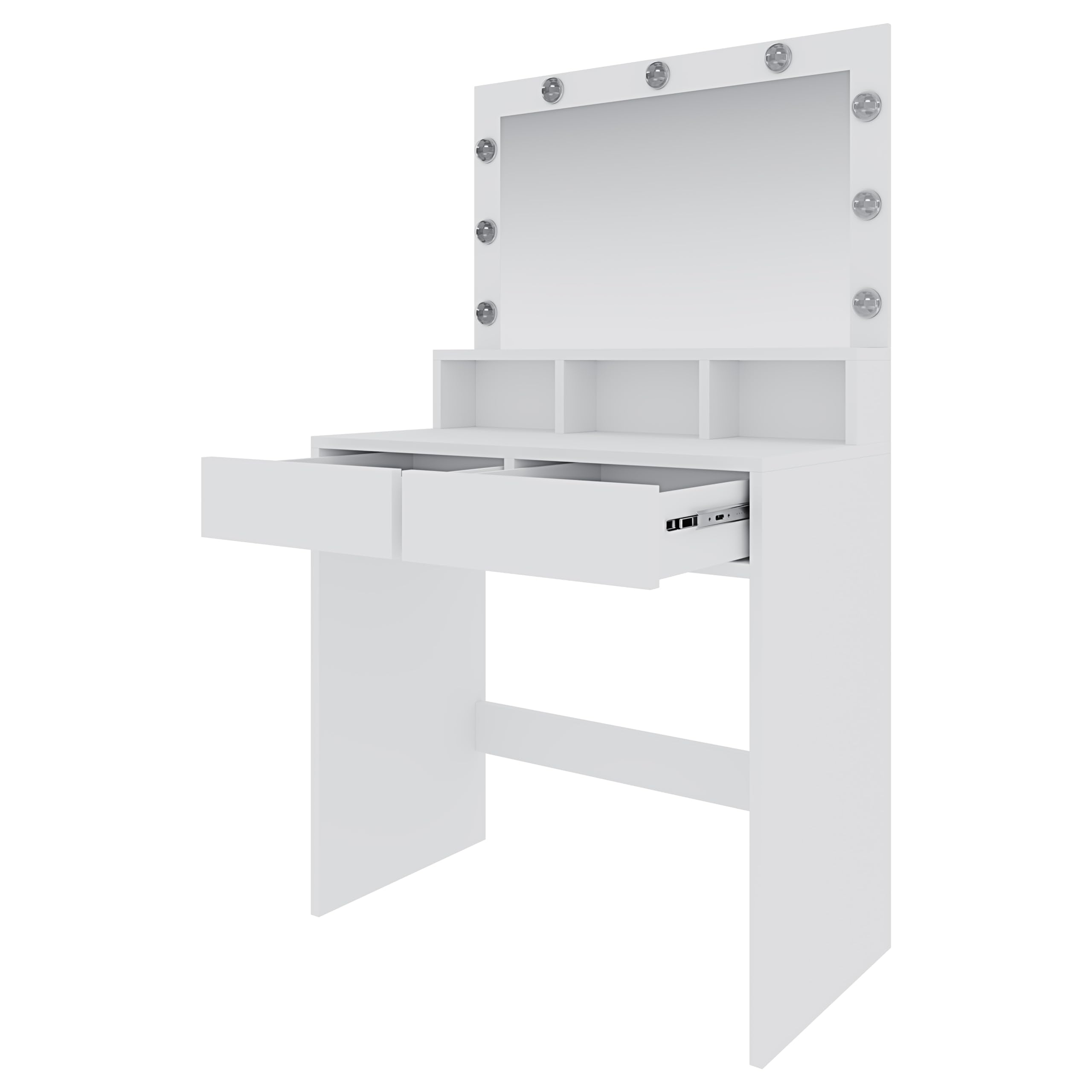Toeletta Tavolino Da Trucco Tavolo Con 9 Luci LED Con Luminosità Regolabile 2 Cassetti 3 Scomparti A Giorno Specchio Orizzontale Postazione Make Up In Legno Design Moderno 40 x 80 x 140 Cm Bianco