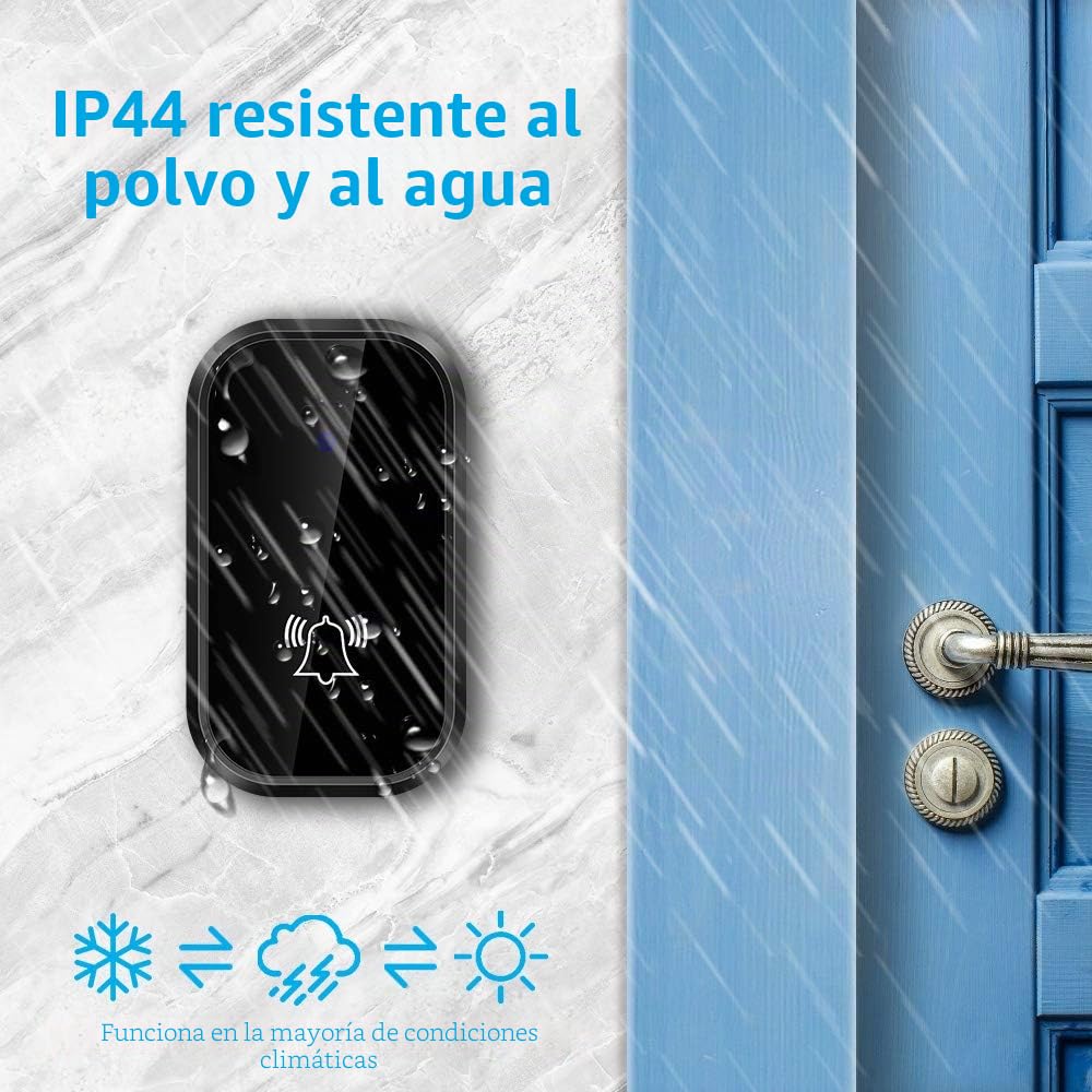 Timbre Inalámbrico Sin Pilas con Temperatura, Timbre Inalámbrico Exterior | Timbre Inalámbrico Exterior Impermeable Rango 500 Pie, 38 Melodías, 4 Niveles Volumen, LED, Doorbell para Hogar, Hotel
