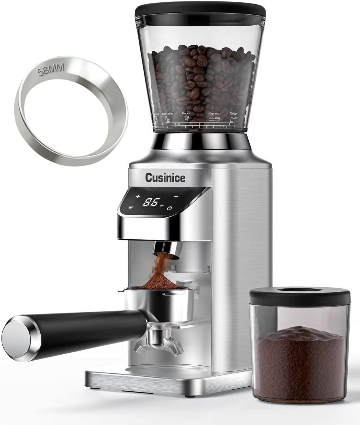 Conical Burr Coffee Grinder with 58mm Dosing Ring, 34 Grind Settings & Anti-Static 40mm Stainless Steel Burr, Electric Espresso Grinder for Home Barista, Professional Coffee Bundle