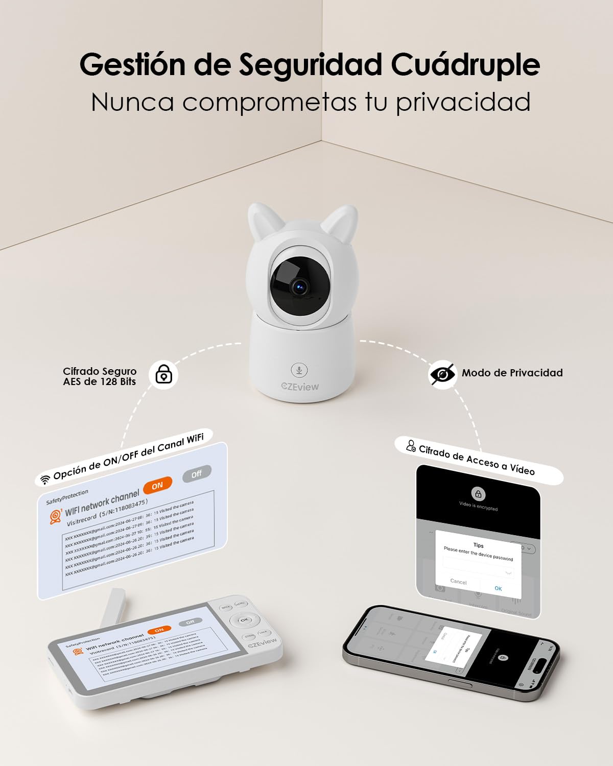 CZEview 2.5K 4MP Camara Vigilancia Bebe con App Movil, 5.5" IPS Gran Pantalla, 360°, Monitorización & Alertas en Tiempo Real, Visión Nocturna (Blanco) | pantalla súper clara, visión nocturna, audio bidireccional, cunas, sensor temp., 360° PIZ, APP, luz no