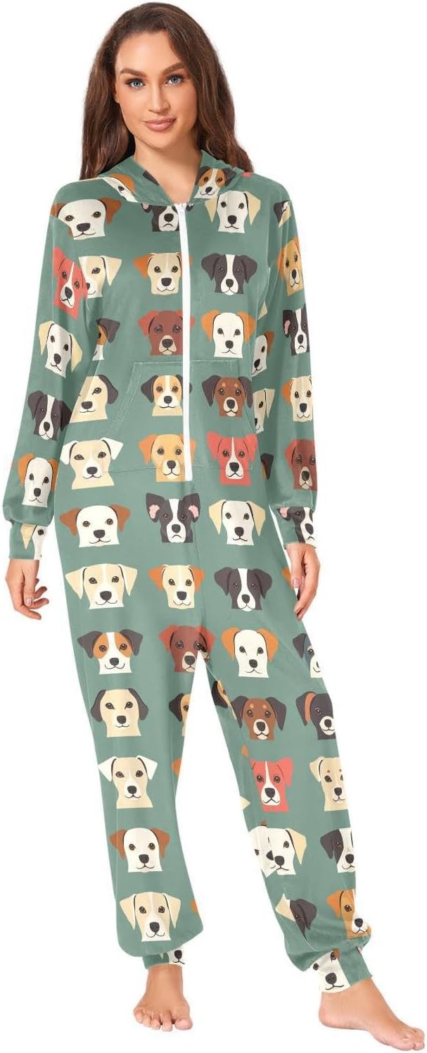 ZZKKO Cute Dog Heads Arranged Adult Onesie Pajamas for Women Men Cozy One Piece Pajamas Costume Zip-Up Hooded S-XL