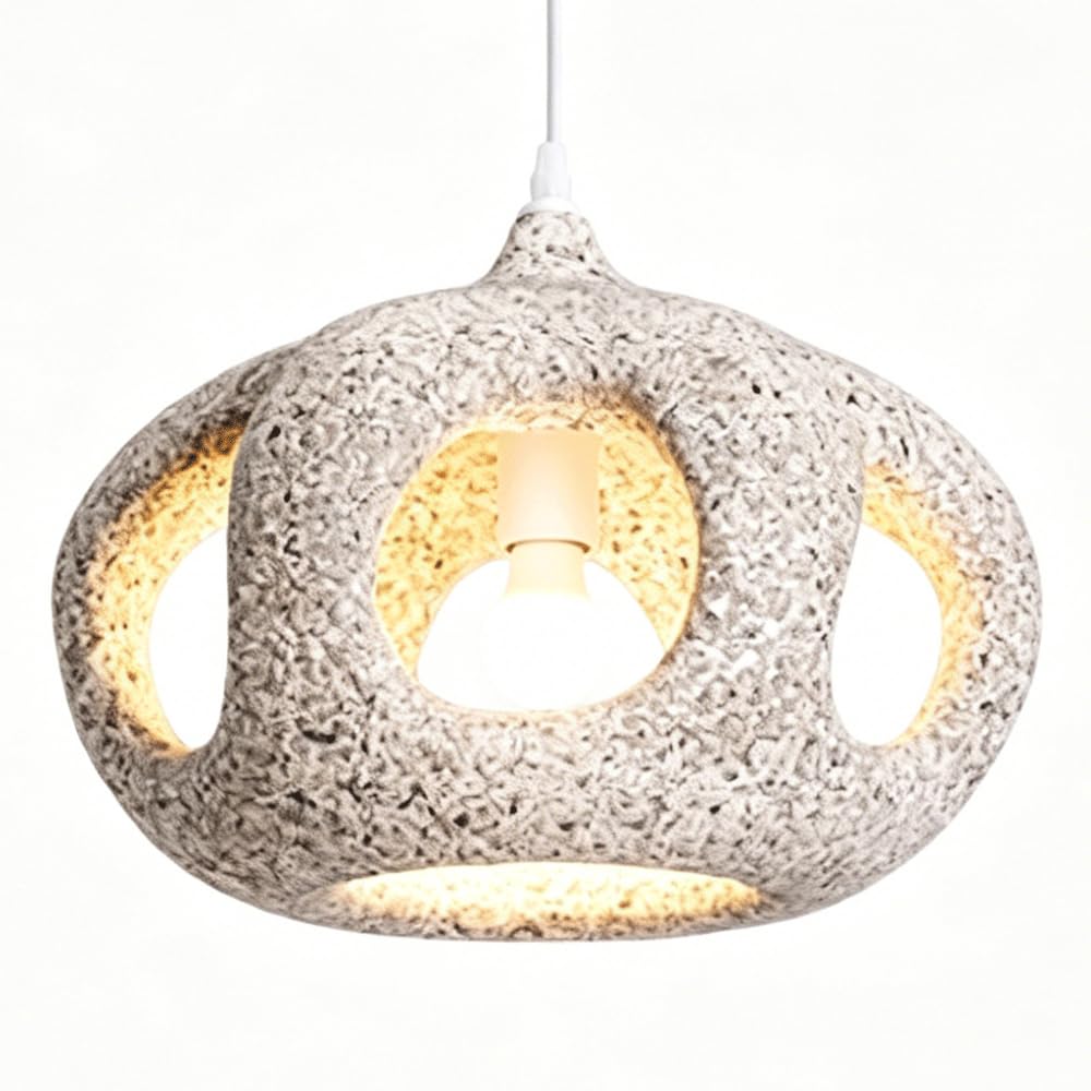 ESIYUVO 15.7in Retro Industrial Pendant Light Hollow Rock Shaped Hanging Lamp High-Density Polystyrene Metal Lighting Fixture 47.2in Adjustable Cord Single Head Chandelier E27 for Bedside Guesthouse