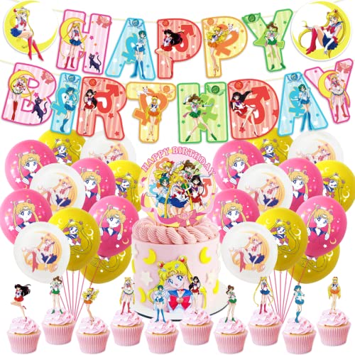 Decoracion Cumpleaños Niña, Sailor Luna Globos de Cumpleaños, Adornos Fiesta Cumpleaños Infantil con Pancarta de Happy Birthday, Marinero Moon Cake Toppers