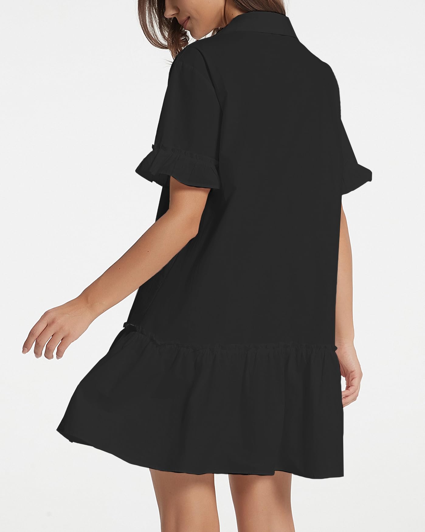 YEXPINE Vestido Camisero Corto con Volantes para Mujer, Vestido de Manga Corta con Botones, Vestido de algodón con Cintura caída, Negro -, Large