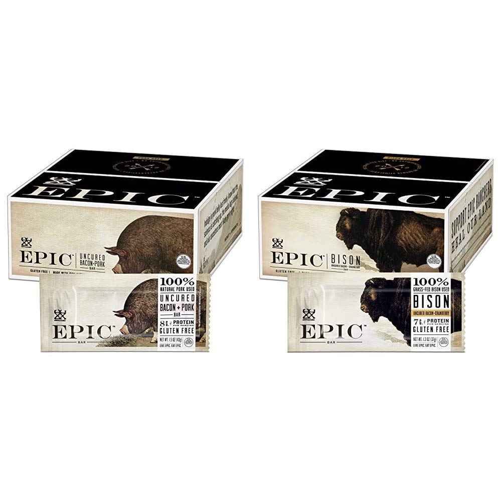 EPIC Uncured Bacon Protein Bars and EPIC Bison Bacon Cranberry Bars Bundle (12 Count)