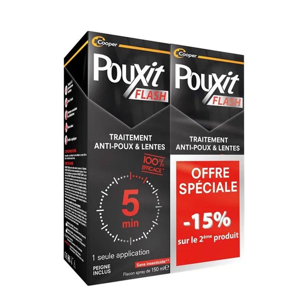 POUXIT - Flash - Lotion Spray Anti-poux et lentes - Agit en 1 Application de 5 Minutes Seulement - Traitement du Cuir chevelu - Lot de 2-2x150ml