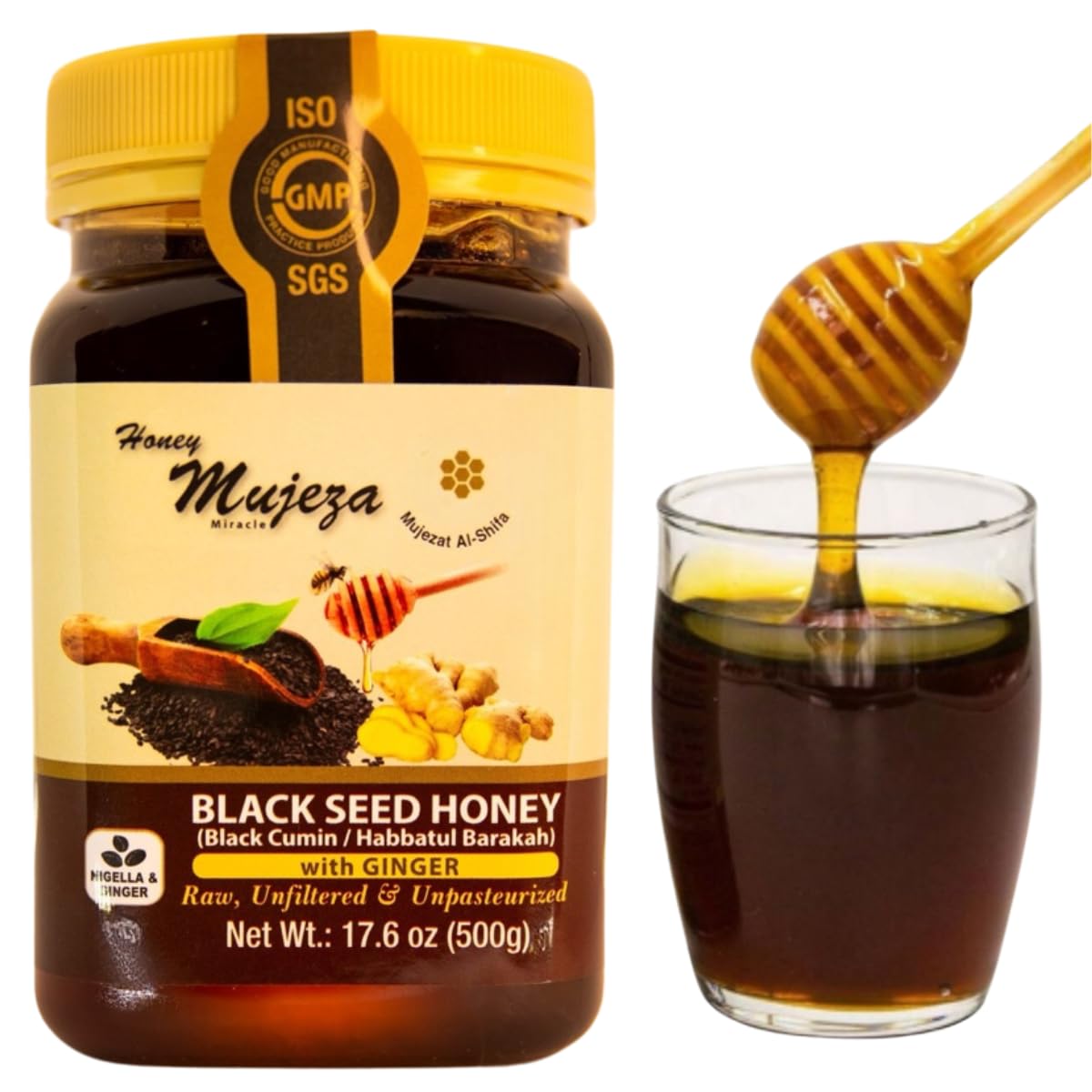 Black Seed Honey with Ginger - Not Mixed with Oil or Powder - Gluten Free - Non GMO - Immune Booster - 100% Natural Raw Honey 500g / 17.6oz