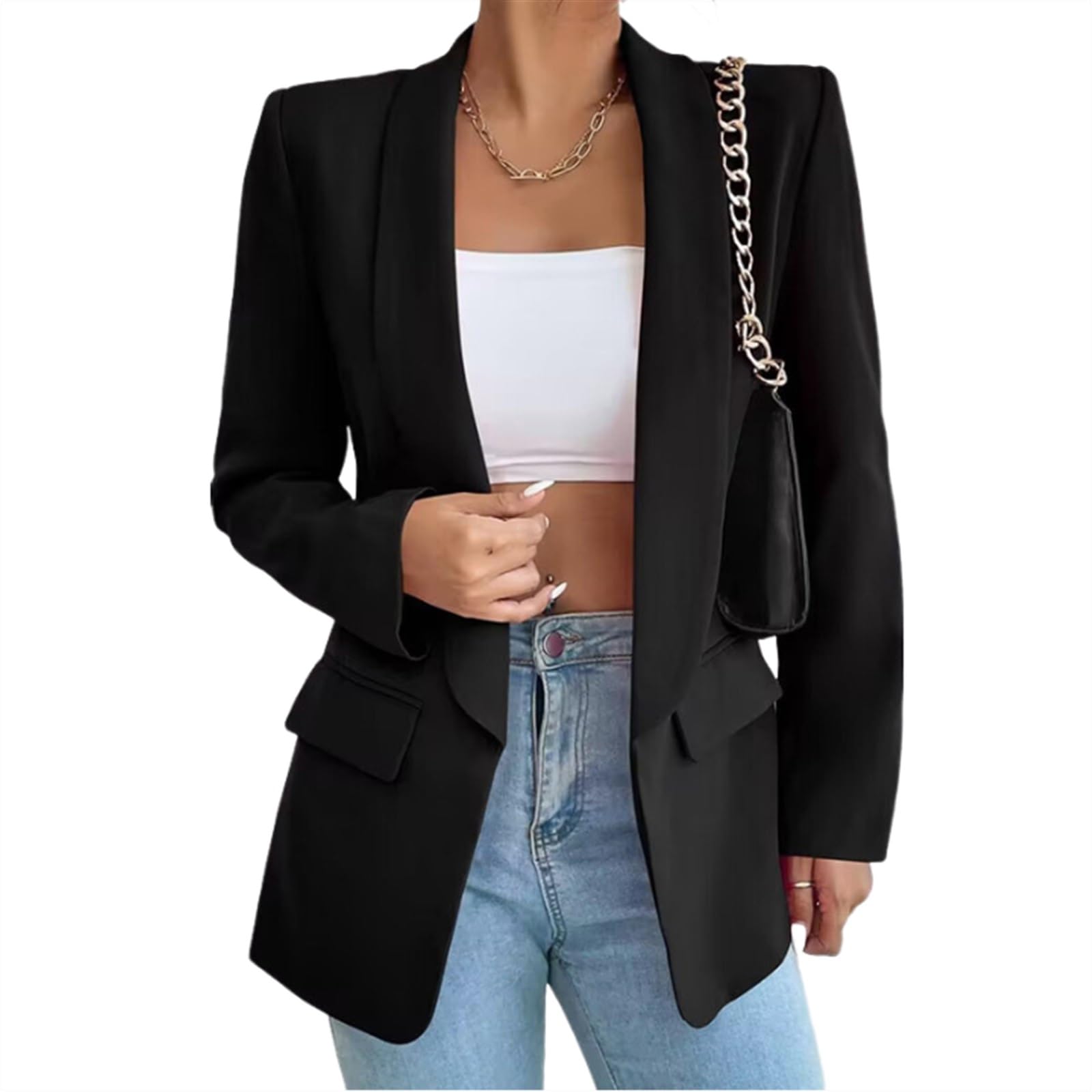 Gerrit Women's Suit Sporty Elegant with Pockets Lapels Suit Jacket Open Front Cardigan Plain Slim Business Long Sleeve Office Jacket Chic Blazer for Wedding (Color : Black, Size : 3XL)