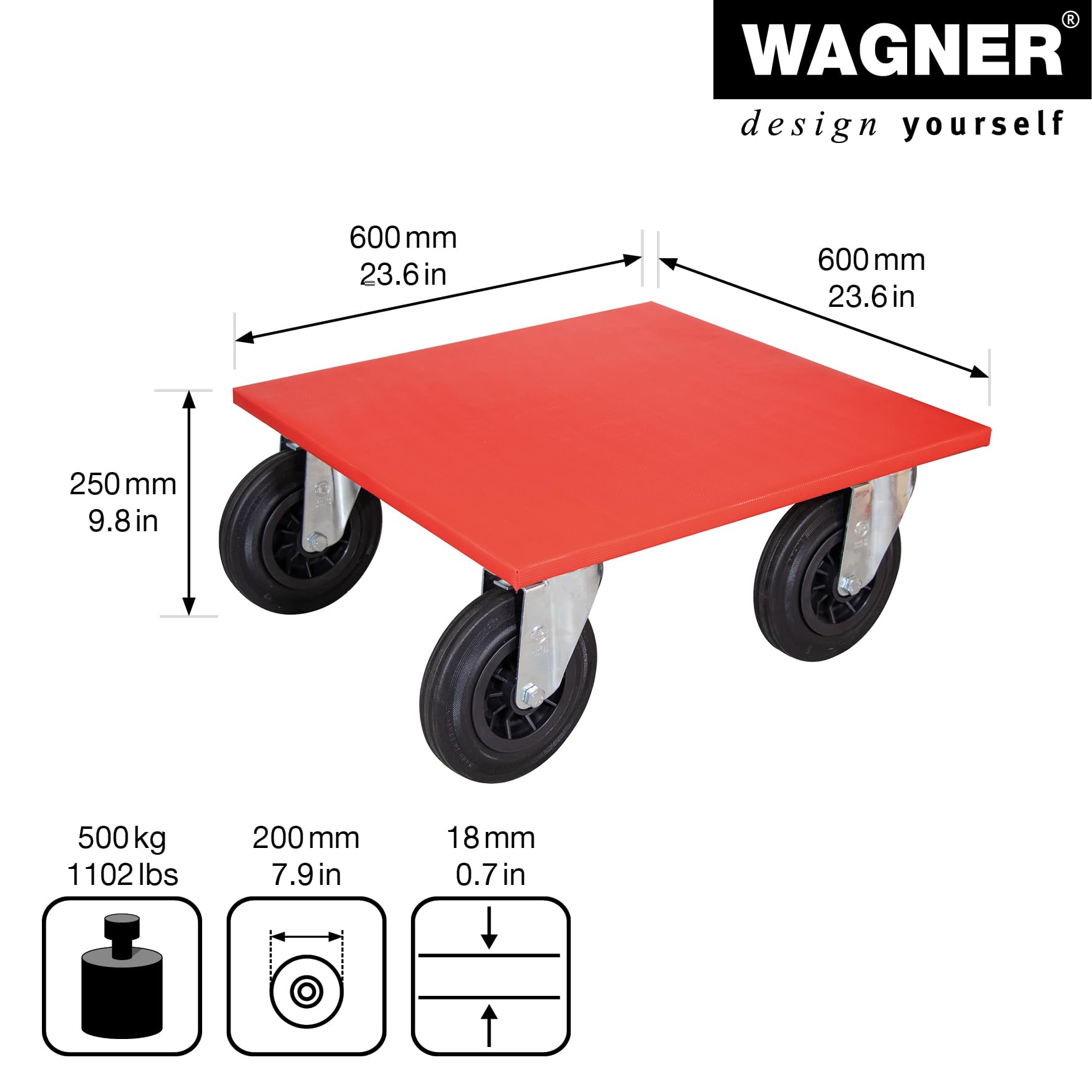 WAGNER Transportroller Transporhilfe I 60 x 60 x 25 cm I Tragkraft 500 kg I Umzugsroller aus FSC® Mulitplex mit Schonbezug I Schwerlastroller mit Räder aus Vollgummi Ø 200 mm I Made in DE