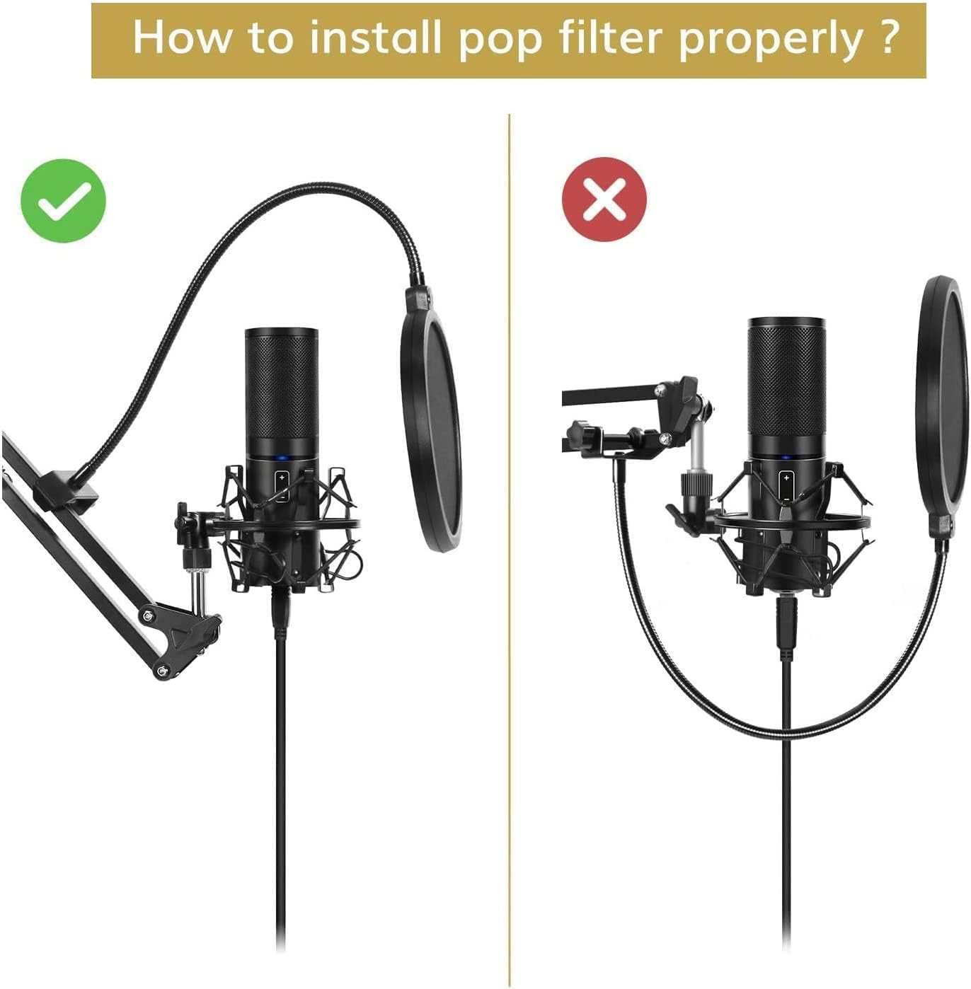 Diagram illustrating the correct and incorrect installation of a pop filter on a microphone arm, emphasizing proper placement for optimal sound.