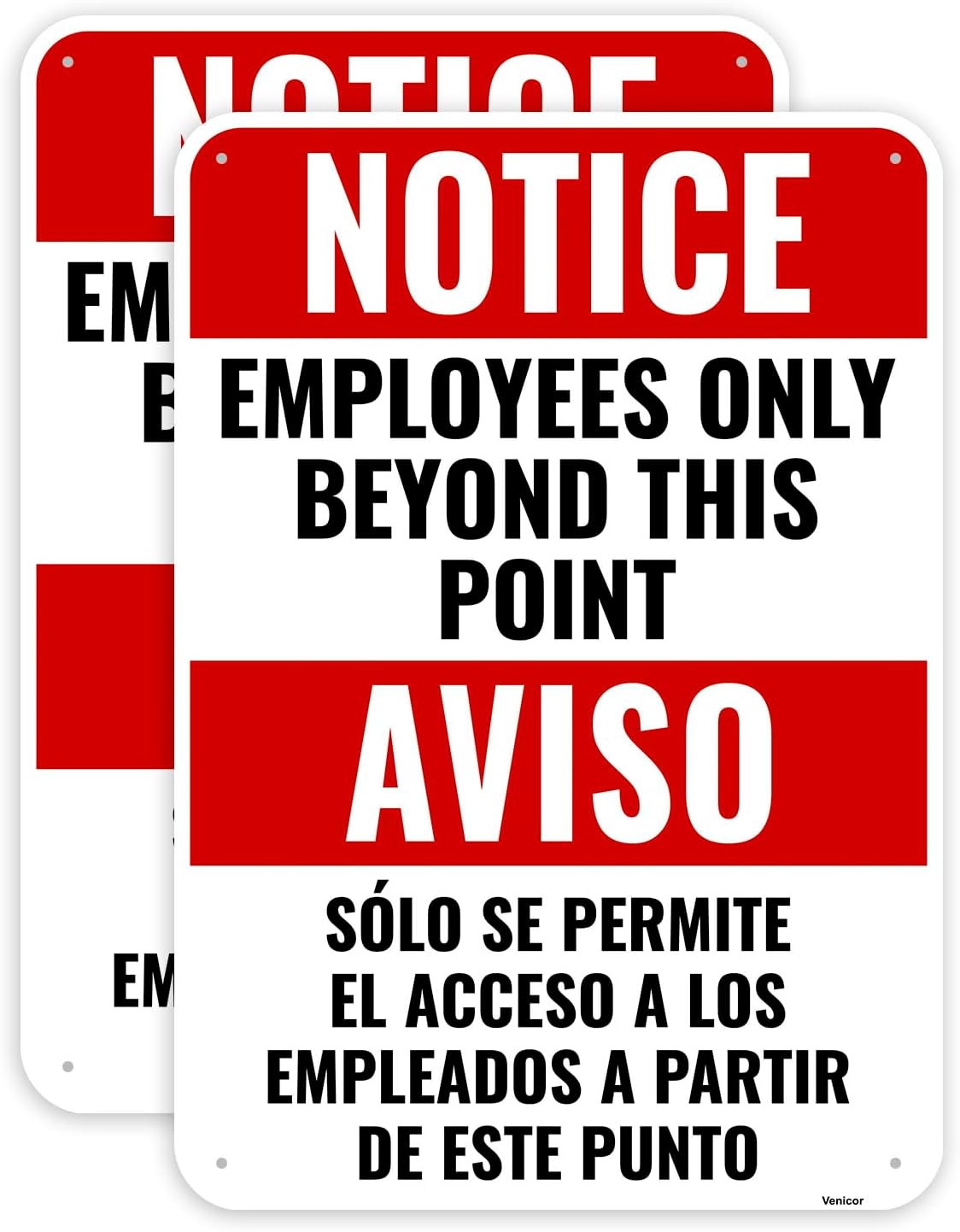 2PC Employees Only Beyond This Point Sign Bilingual, 10 x 7 Inches - Aluminum - No Customers Allowed In Work Area Staff Only Sign For Door