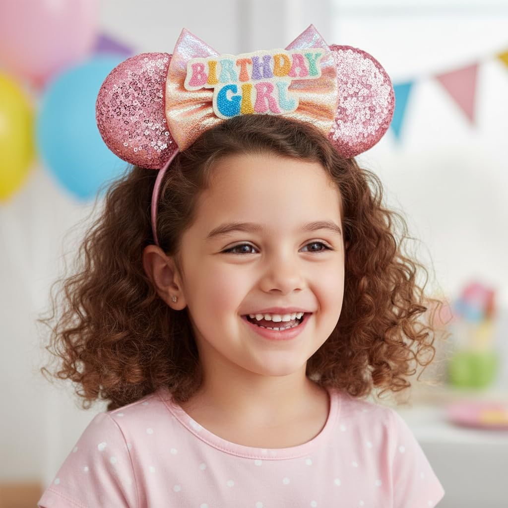 HAMUTH Birthday Girl Headband, Mouse Ears Headband Hairs Accessories for Women Girls,Princess Birthday Decorations for Party Trip Parks Cosplay
