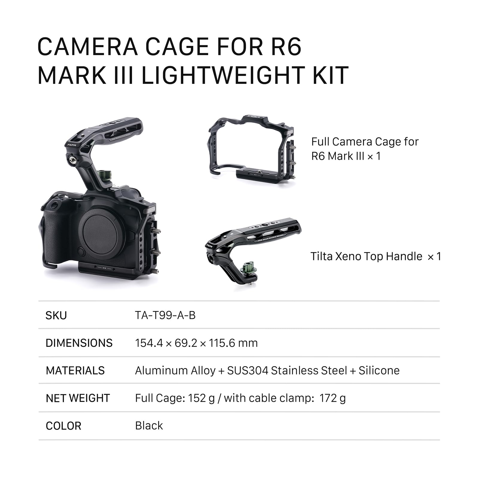 Tilta Gabbia R6 Mark III, Kit Leggero per Gabbia Fotocamera Compatibile con R6 Mark III/R5 Mark II con Impugnatura Superiore Xeno - Nero TA-T99-A-B