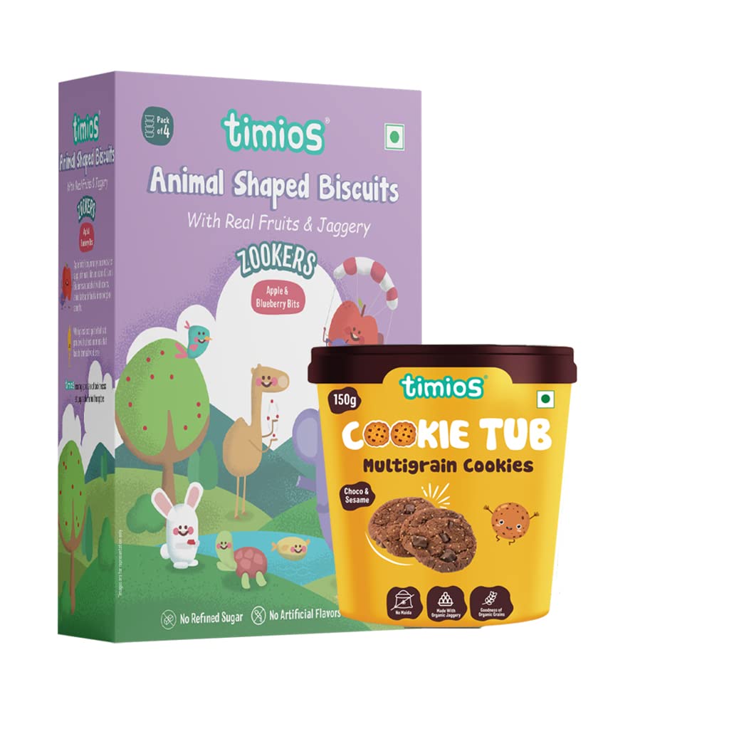 Timios Zookers Animal Shaped Biscuits with Apple and Blueberry Bits & Nutritious Maida Free Eggless Cookies for Kids | Pack of 2 | 150 gm Each (B0BPT4T64J) Amazon Price History, Amazon Price Tracker