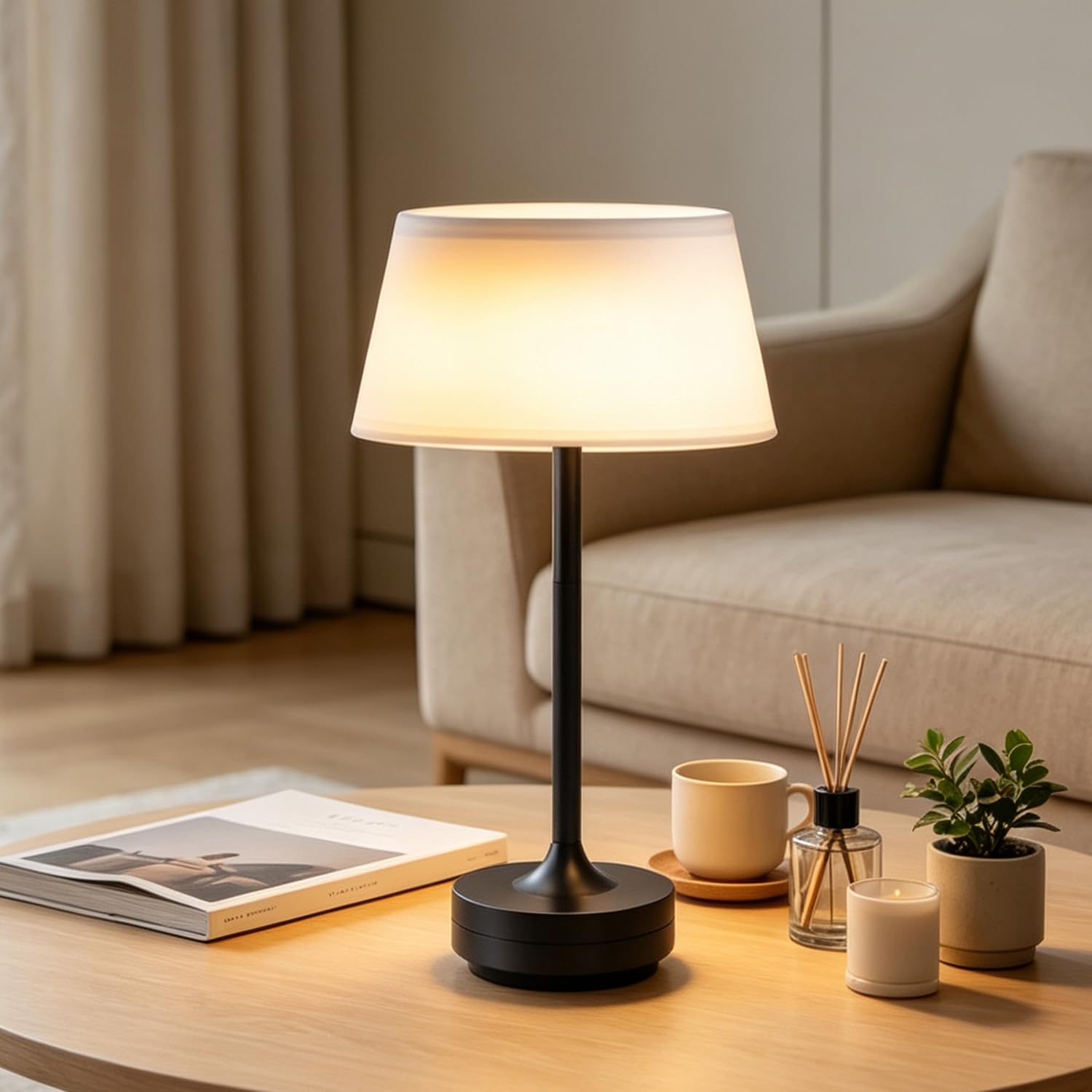 OOWOKS LED Table Lamp Cordless Vintage Rechargeable Touch Dimmable Bedside Lamp with Beige Fabric Shade USB Rechargeable Desk Lamp Portable Mushroom Shaped Lamp for Bedside Table Dining Room,Black