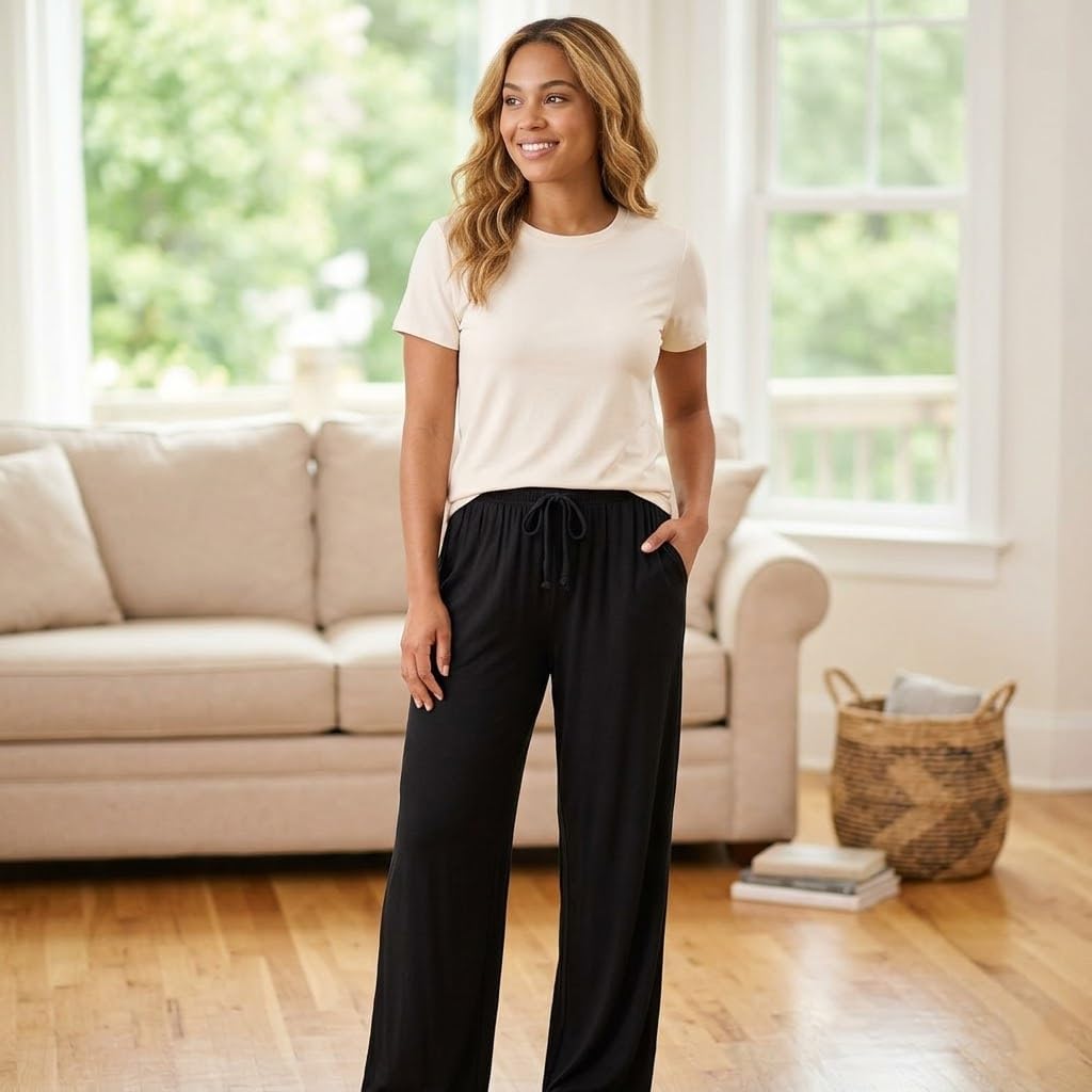 Soft Women's Modal-Cotton Pajama Pants with Pockets & Drawstring - Lounge Pants for Sleeping (Black/Blue/Pink/Gray)