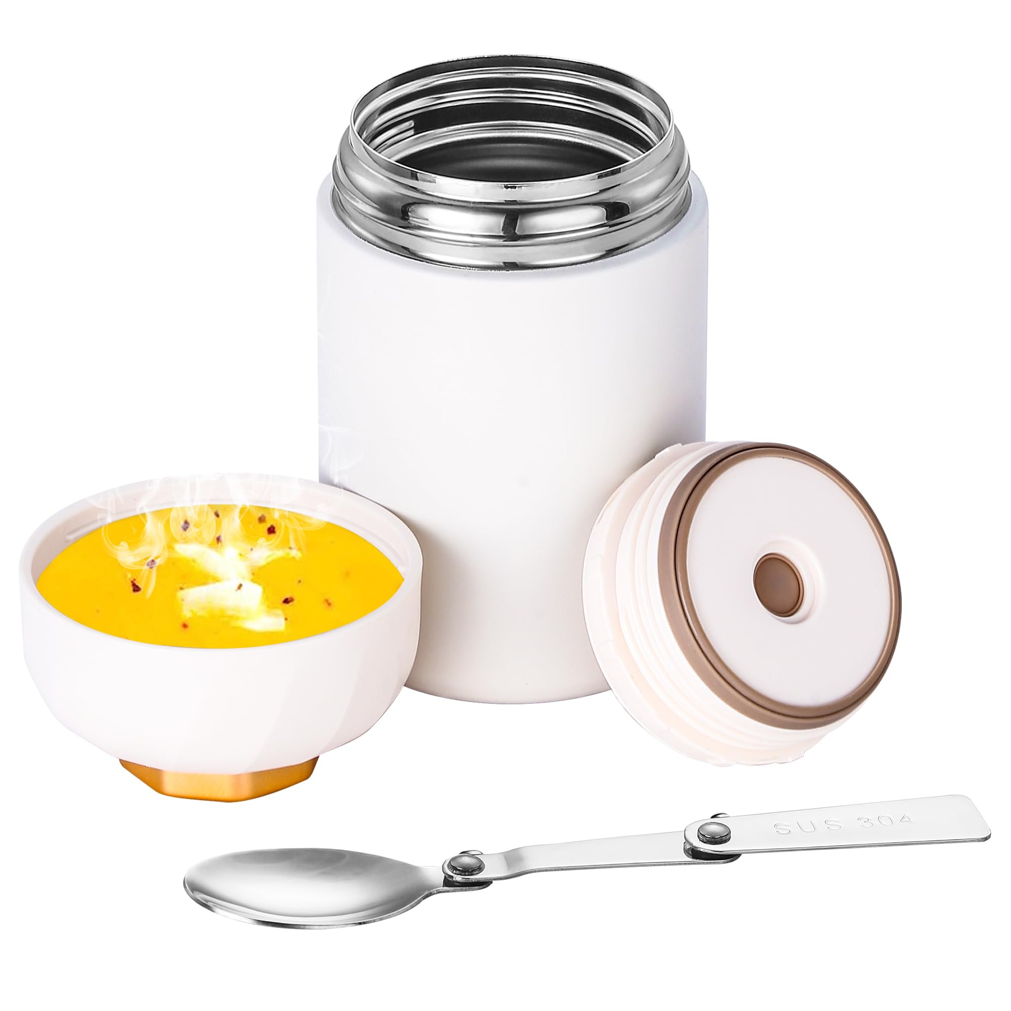 MisichaoInsulated Food Flask for Hot Food Cold Food - 600ml Thermal Food Container Stainless Steel Jar with Foldable Spoon for Travel, Camping, School, Office
