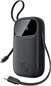 Baseus Powerbank 45W 20000mAh con 2 Cables USB-C Integrados, Power Bank PD3,0 QC4,0 Baterías Externas Carga Rapida, 3 C 1 A, Cargador Portátil para iPhone 16/15/14 Pro MAX, Samsung, Negro