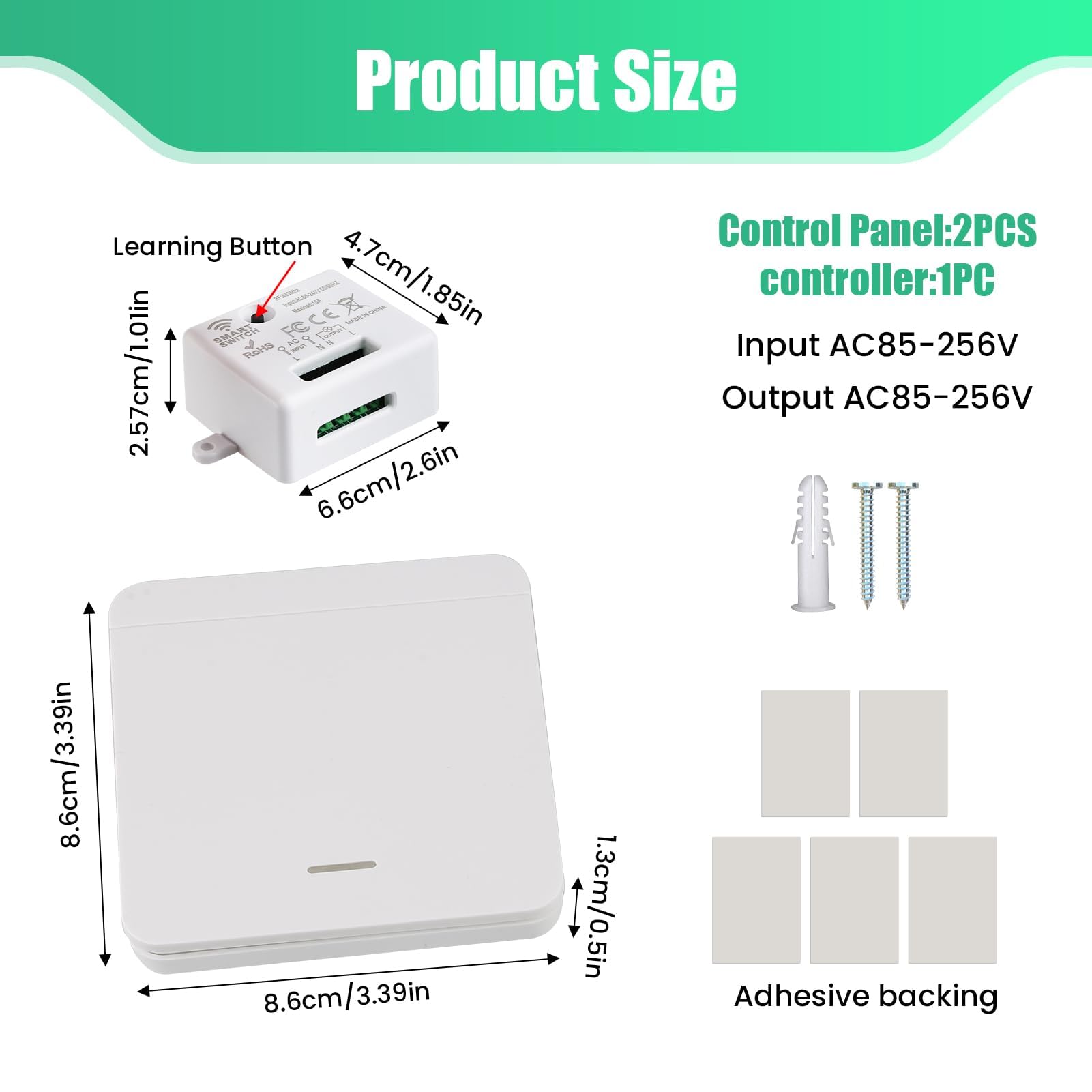 Kit de 2 Interruptores de Luz Inalámbrico con 2 Interruptor y 1 Receptor 10A 230V 433MHz Interruptor de Pared Inalámbricos para Lámparas Interior y Exterior (2 Interruptor y 1 Receptor)
