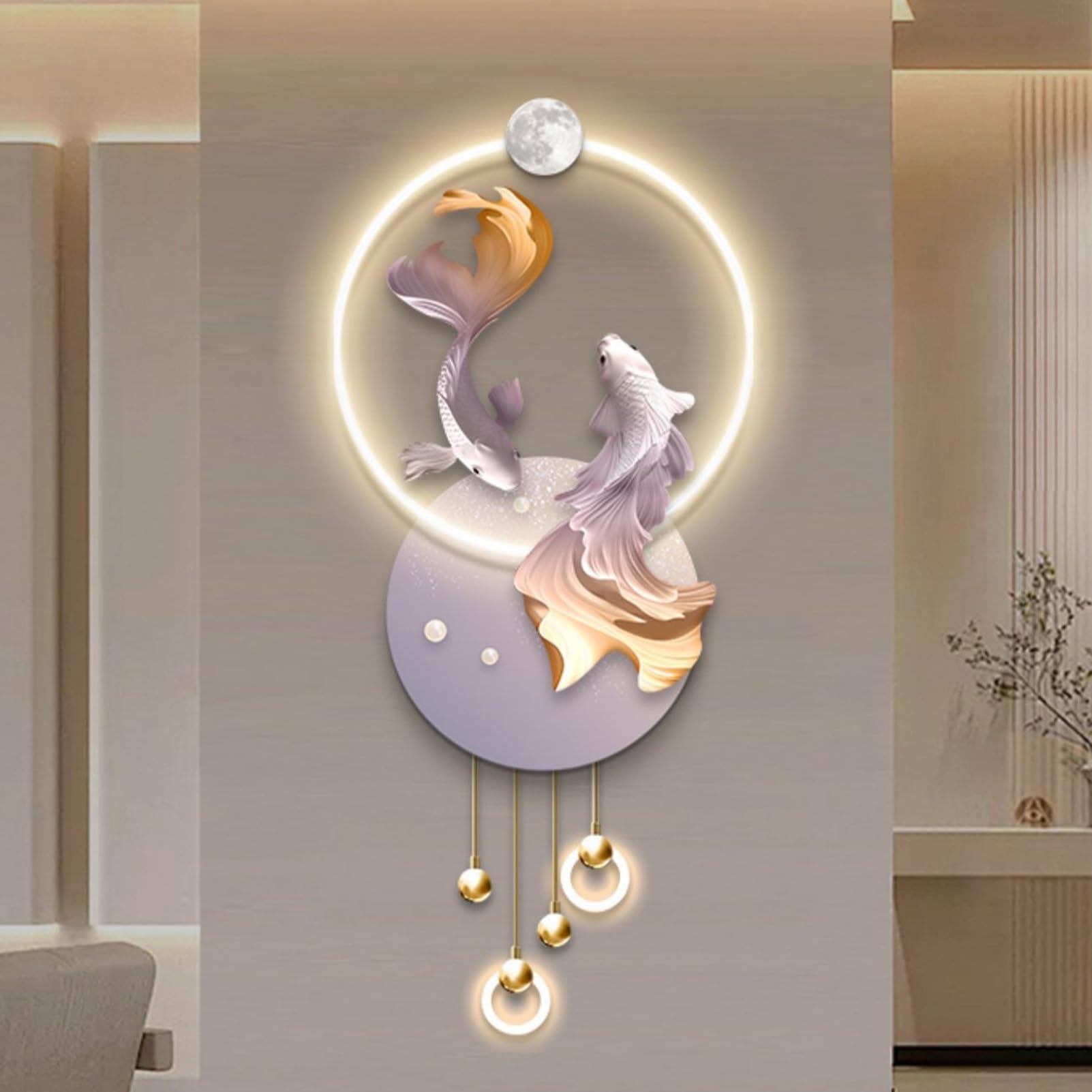 Granestner 3D Art Wall Decor Sculpture, Hanging Painting Koi Fish Design with Lamp, Oriental Feng Shui Home Office Entrance Corridor Decoration