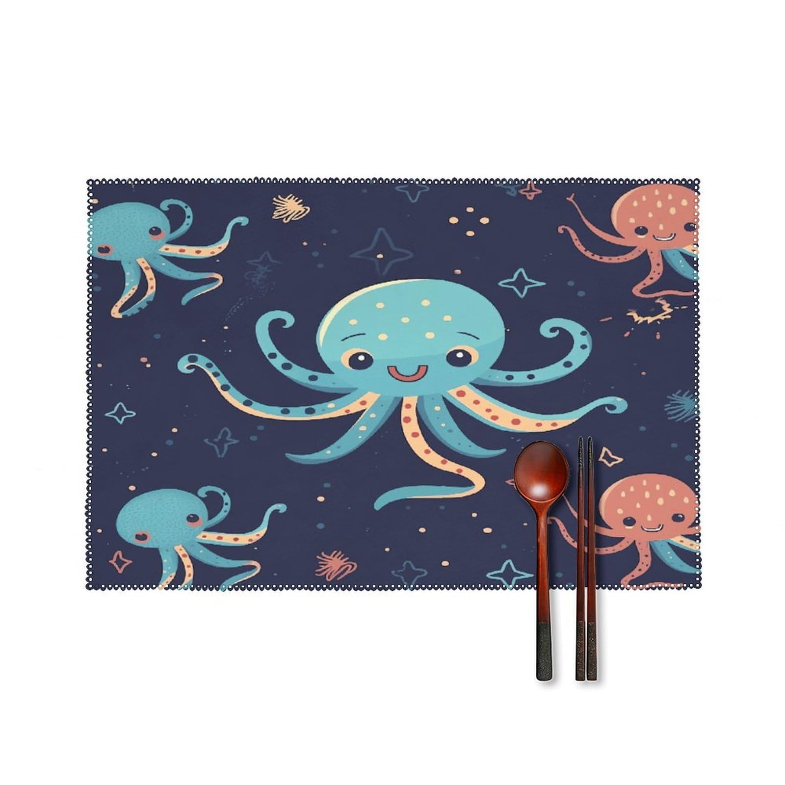 Cartoon Octopus Placemats Set of 4 Canvas Washable Cloth Place Mats Wipeable Heat Resistant Table Mats Elegant Cloth Placemat for Kitchen Dinning Party Table Decor 12" X 18"