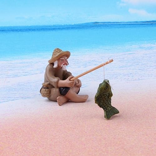 Miniatura 8 de Figura de pescador en miniatura, estatua de jardín sentado de lodo chino, decoración de adorno al aire libre