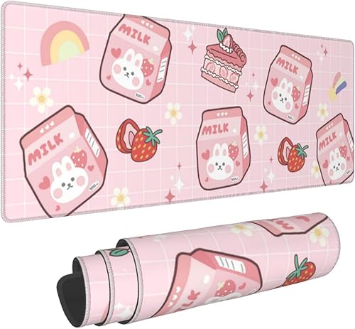 Alfombrilla de mouse Kawaii rosa con diseño de conejito de fresa de 11.8 x 31.5 pulgadas, accesorios de escritorio, base de goma antideslizante