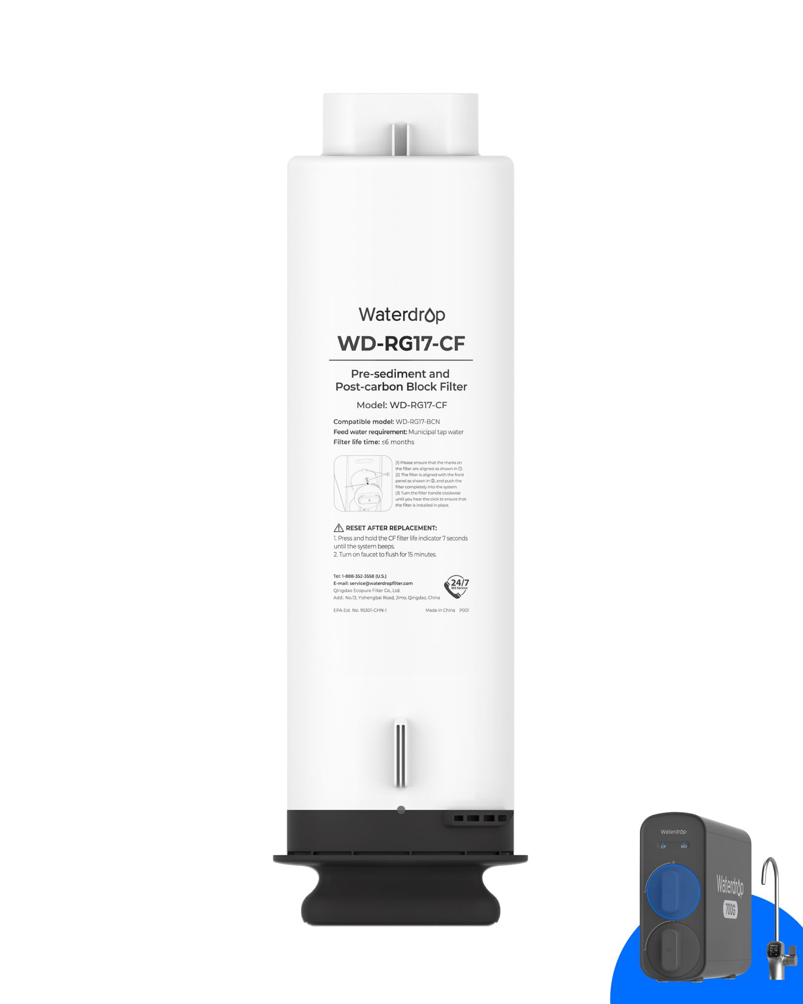 Waterdrop WD-G5P700-CF Filter, Replacement for WD-G5P700 Undersink Reverse Osmosis System, 6-Month Lifetime