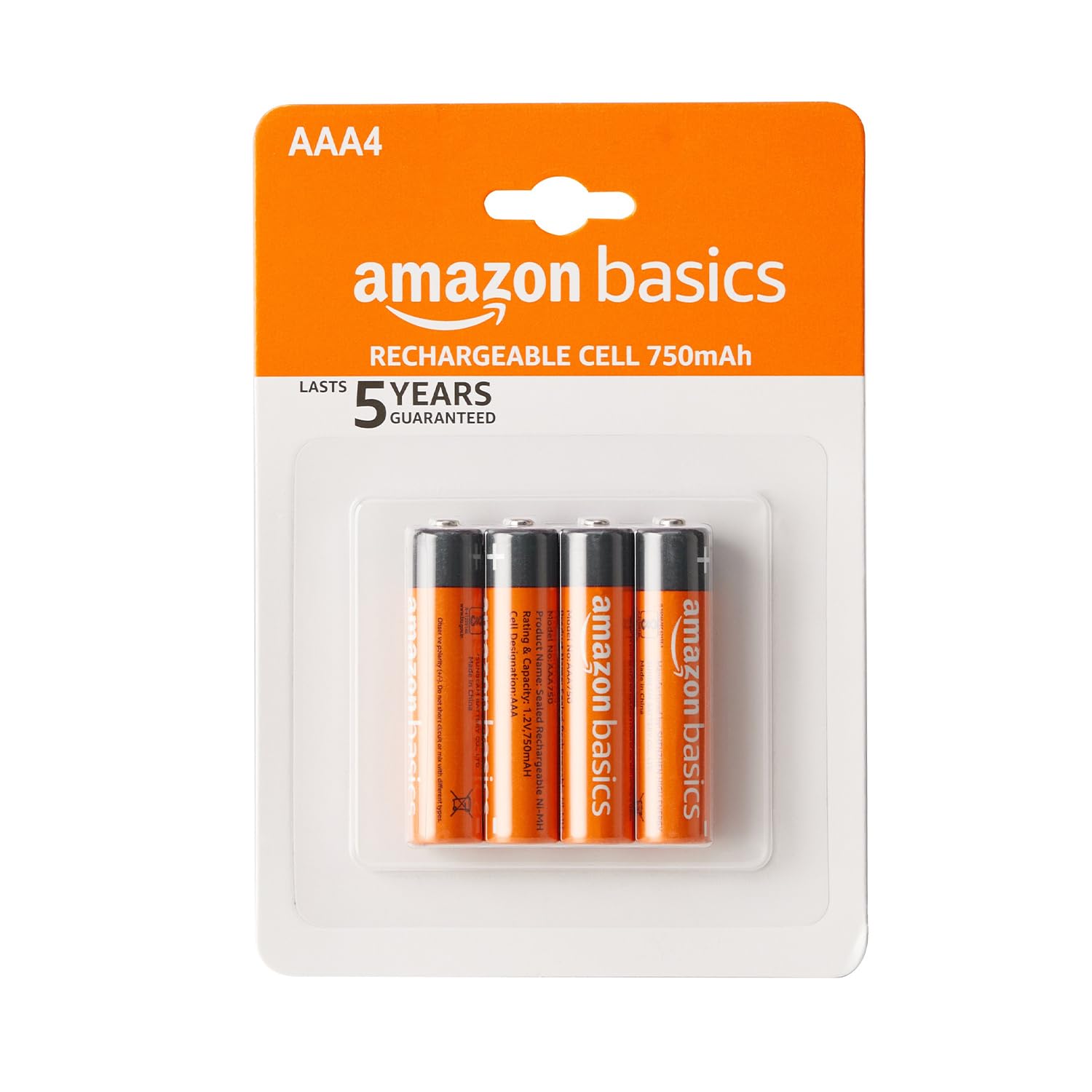 Amazon Basics AAA Rechargeable 750 mAh Batteries | Ready-to-use | Pre-Charged Ni-MH Batteries (Pack of 4)