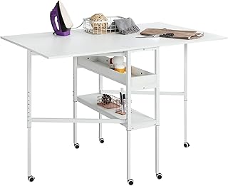 Nähtisch Klappbar,Verstellbare Höhe,Holz Klapptisch mit Rädern und Stauraum,Mobiler Zuschneidetisch für große Stoffe,für Nähzimmer Arbeitszimmer Schlafzimmer zu Hause,Weiß