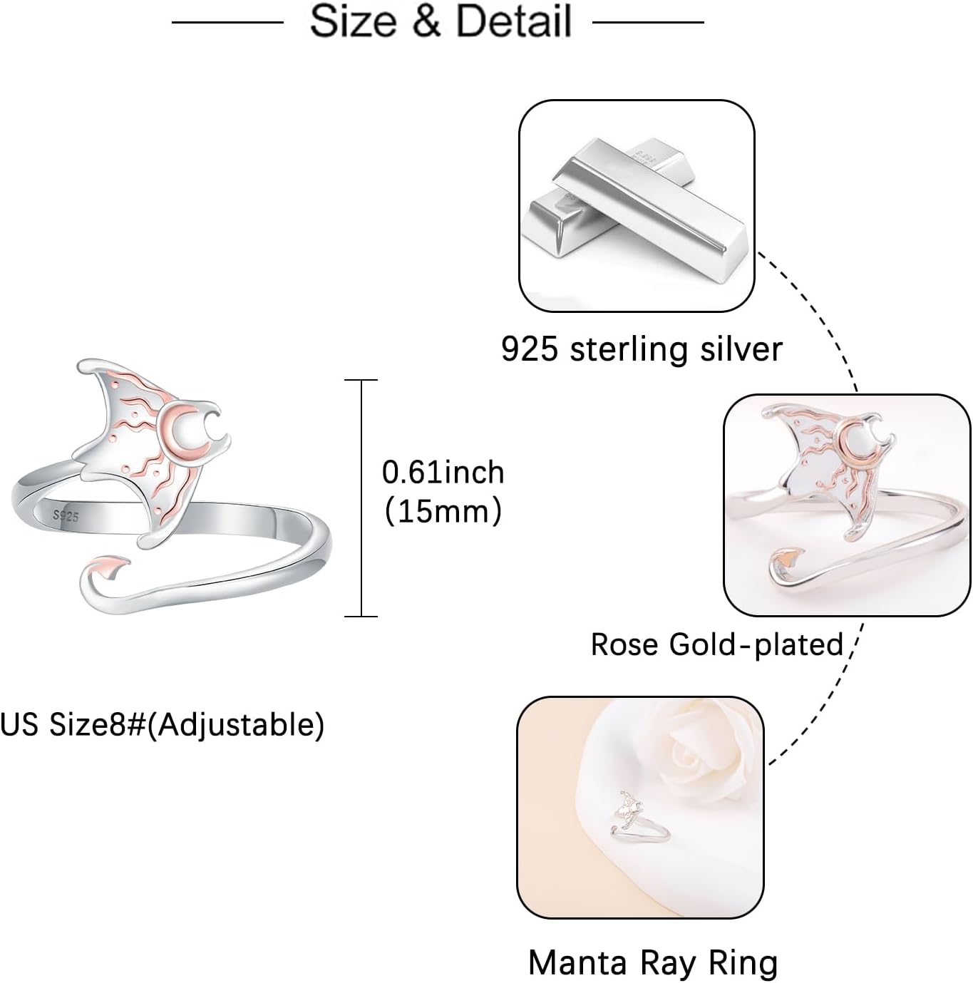 Manta Ray Ring for Women - 925 Sterling Silver Cute Stingray Ocean Sea Animal Adjustable Rings Manta Ray Gifts Jewelry - Image 5