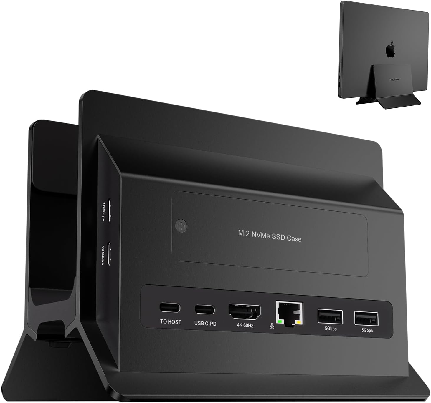 Vertical MacBook Docking Station, PULWTOP Docking Station for Mac mini with M.2 NVMe case for MacBook Pro/Air, 4K@60Hz HDMI, 2USB C 10Gbps, SD/TF, 100W PD, RJ45, 2 USB A for Windows Black