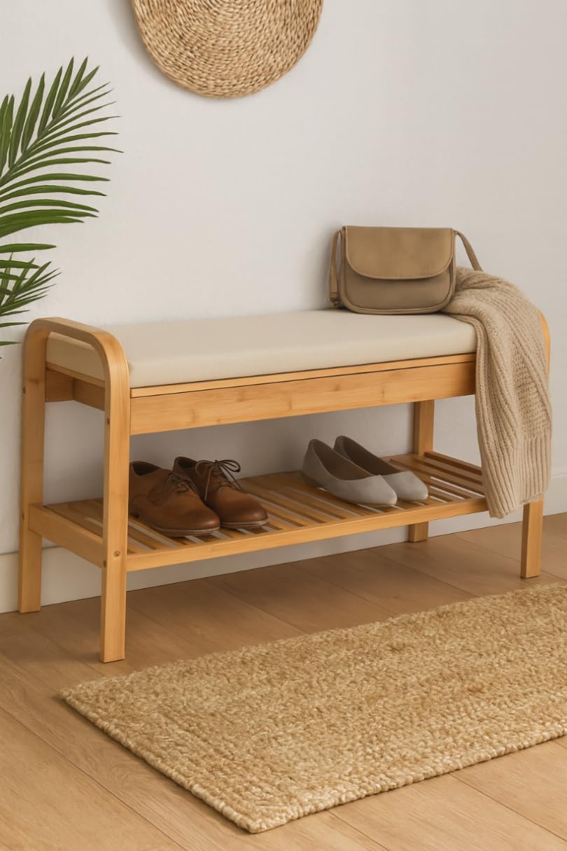 Bambus Schuhregal, Schuhregal aus Bambus mit Sitzbank, Schuhbank mit Sitzkissen, Sitzbank mit einer Ebene, Beige