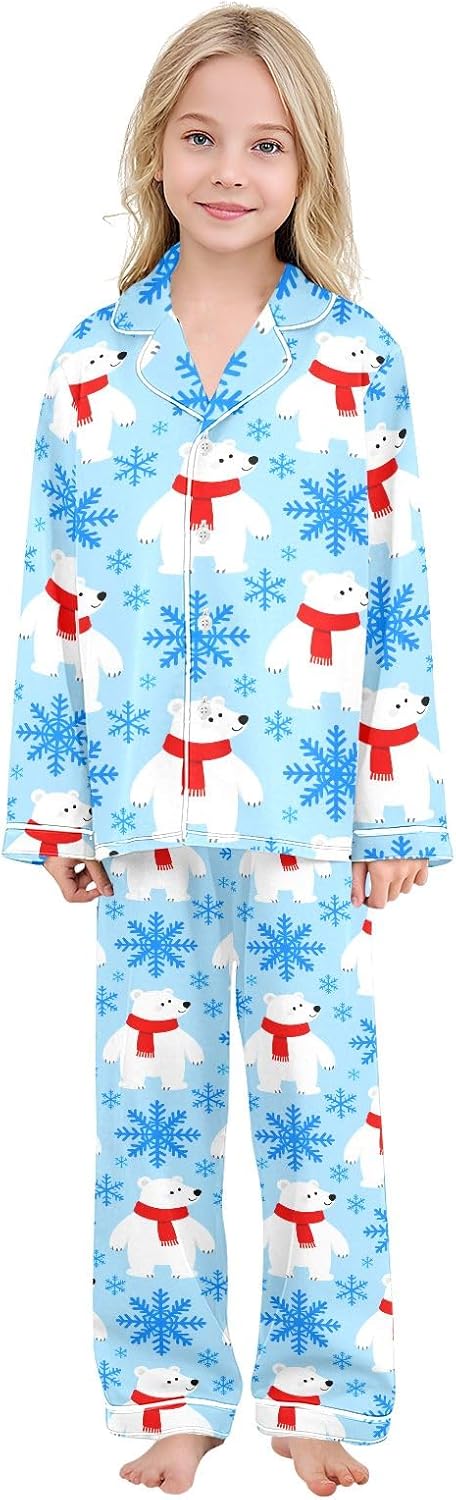 Kids Casual Satin Wear Set White Bear Blue Pattern Unisex Relaxed Fit Clothing