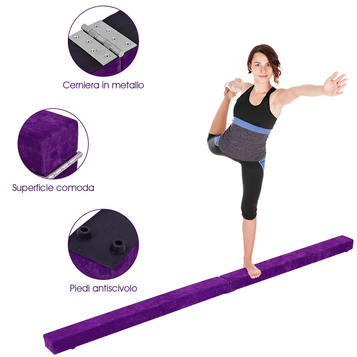 RELAX4LIFE Trave da Ginnastica Pieghevole 210 cm, Trave di Equilibrio per Palestra e Casa con Base Antiscivolo, Cerniere e Schiuma, Allenamento Fitness per Bambini e Adulti (Viola)
