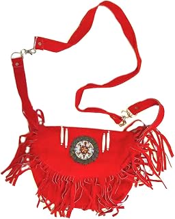 Red Fringe Leather Bag Native American Turtle Design with Seed Beads Long Strap Shoulder Bag