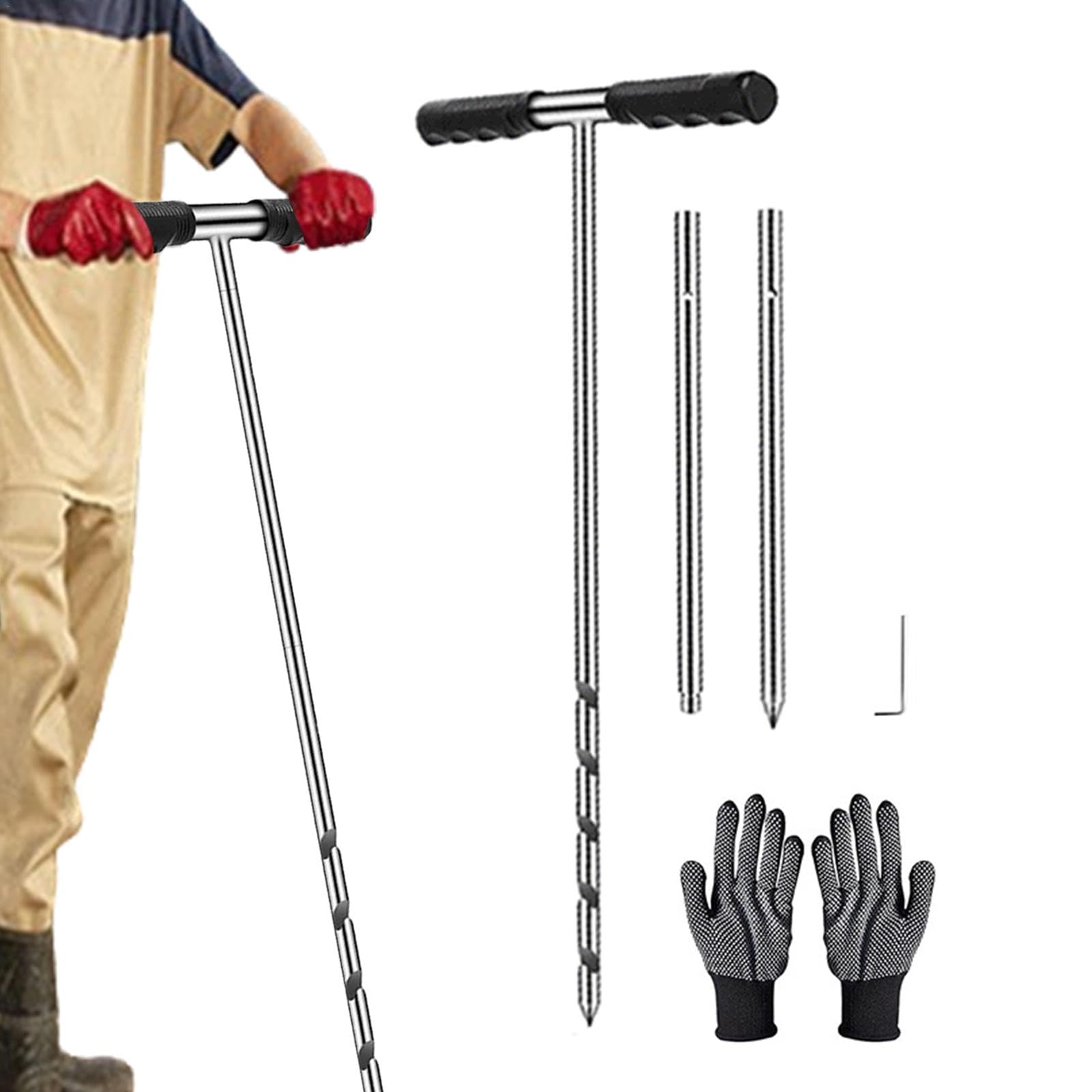 Bodenprobensonde,Bodensonden für die Bodenprobenahme, Erdsondenstab aus Edelstahl mit T-Griff, inklusive Handschuhen, 17-32-48 Zoll verstellbares Bodenkern-Probenahmewerkzeug, Garten-Bodentest-Set für