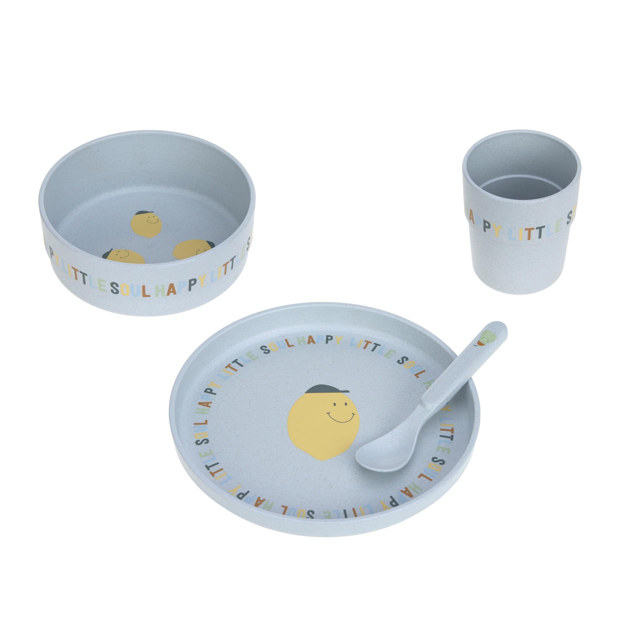 LÄSSIG Kindergeschirr Set (Teller, Becher, Schälchen, Löffel) – Happy Fruits Lemon