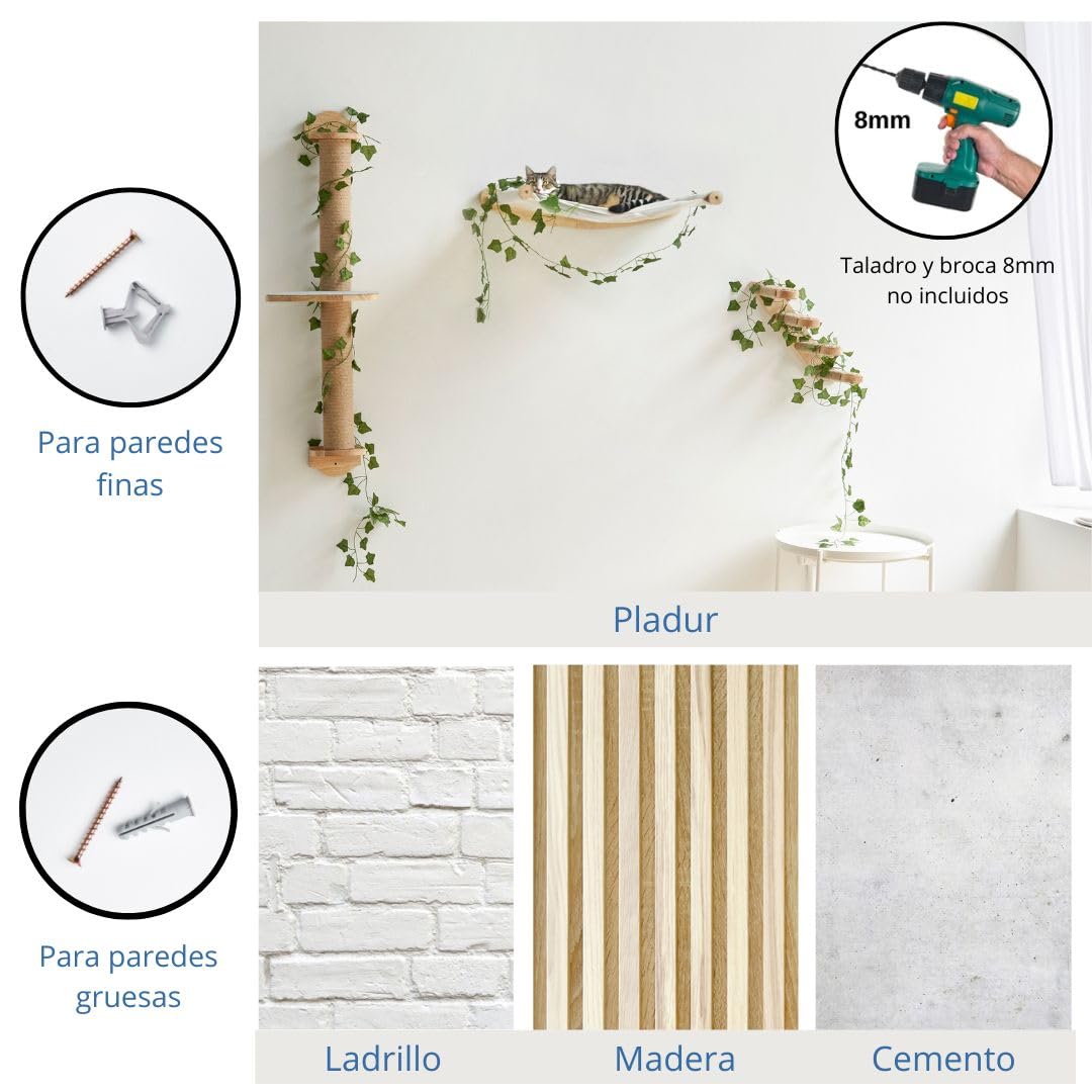 Cama Gato Pared - Hamaca para Gatos Pared cómoda y Robusta, soporta hasta 12 kg - Ideal para optimizar Espacios, Hecha de Madera, fácil de Montar y Resistente.