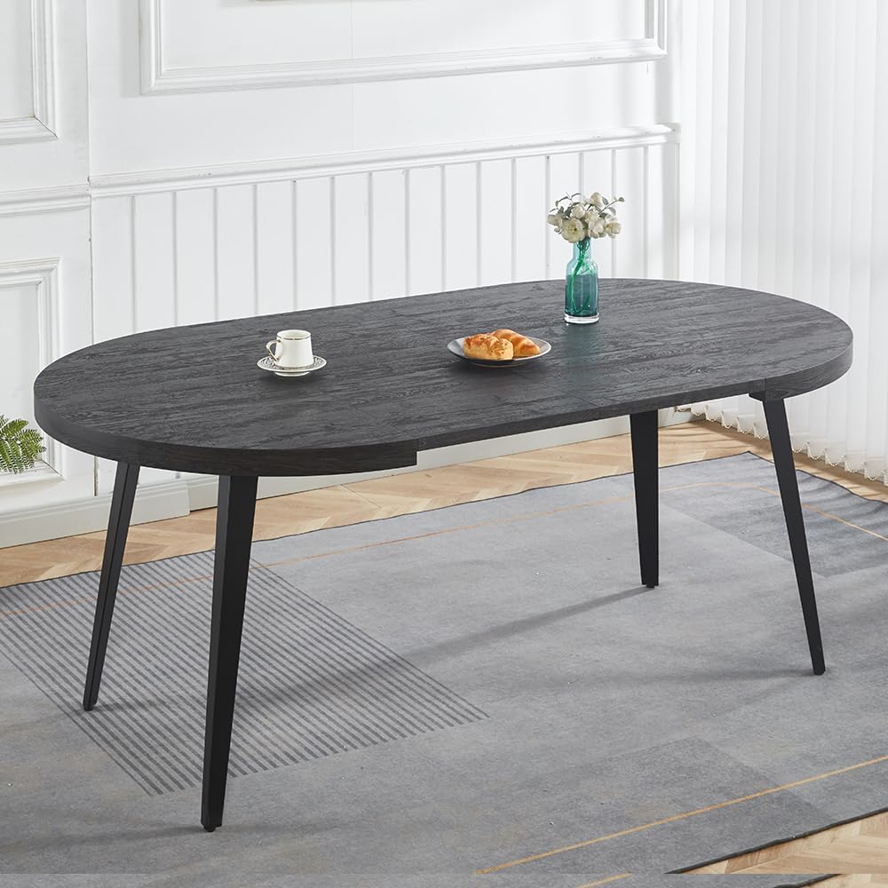 WILLIAMSPACE 70.86" Wood Extendable Dining Table for 6 to 8, Modern Oval Kitchen Table with Metal Legs, Mid Century Large Round Dining Room Table, Easy to Assemble (39.3"-55.18"-70.86", Black)
