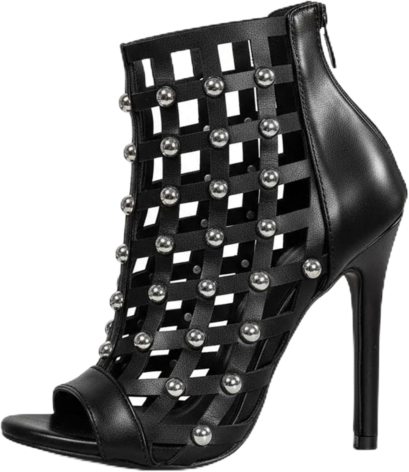 Women's Studded Hollow Out Stiletto Heel Fashion Ankle Boots Sexy Peep Toe Non-Slip Y2K High Heels with Back Zip Stylish Club Evening Party 4.33 IN Pumps