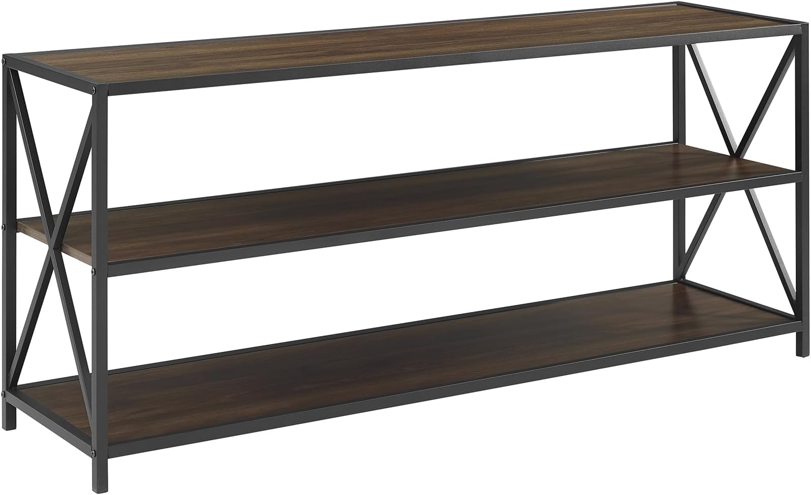 Eden Bridge Designs 152cm (60") Urban Industrial Rustic Country Industrial X-Frame Metal and Wood Bookcase Bookshelf / Shoe Storage Bench with 3 - Shelf - Dark Walnut