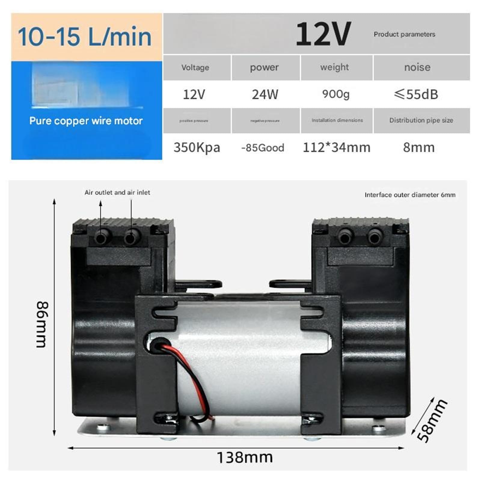 12 V Mini-Vakuumpumpe, 10–15 l/min, 24 W, ≤ 55 dB, ölfreie Membran-Luftpumpe, 350 kPa Überdruck – 85 Unterdruck-Saugpumpe Automatisch