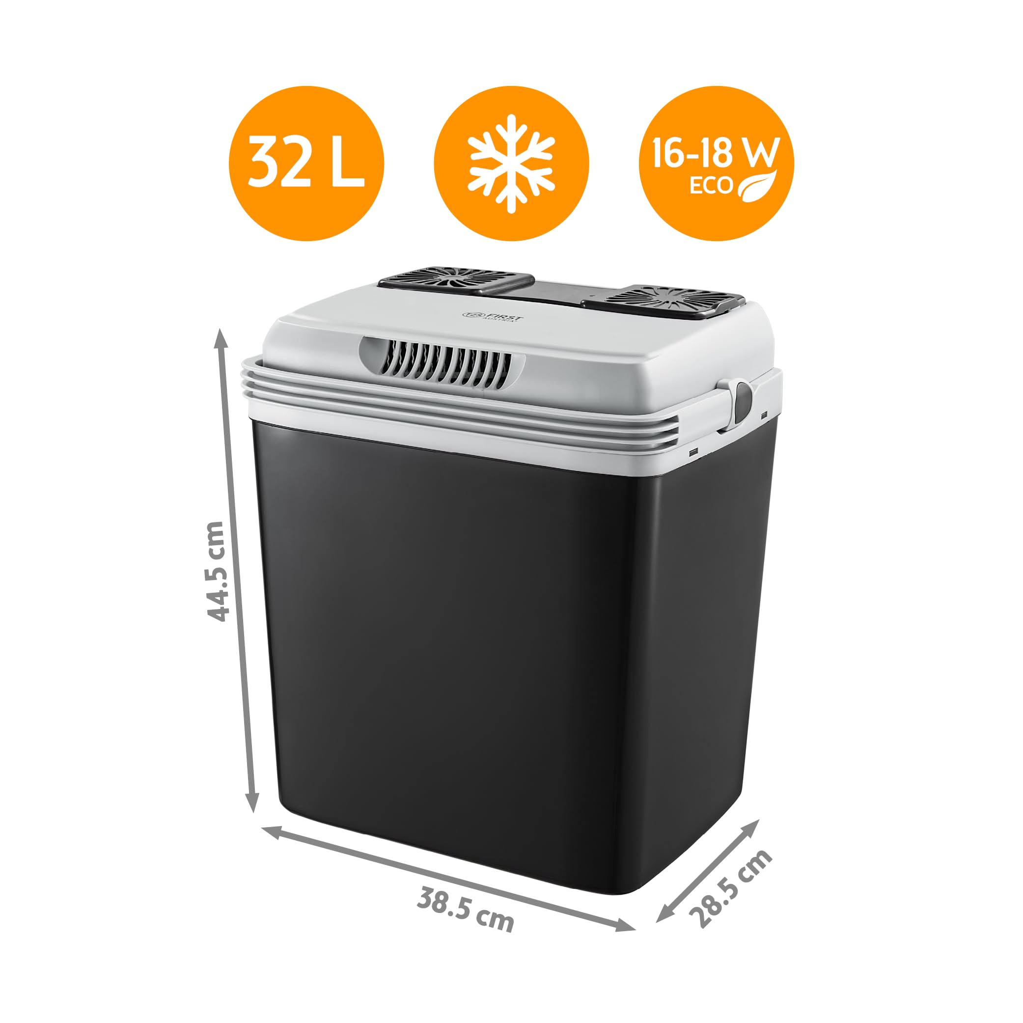 TZS First Austria - Frigo Portatile Elettrico 32L - Tripla Alimentazione con USB-C PD 3.0 - Raffreddamento e Riscaldamento - 12V/230V/USB-C - Minibar - Nero/Grigio