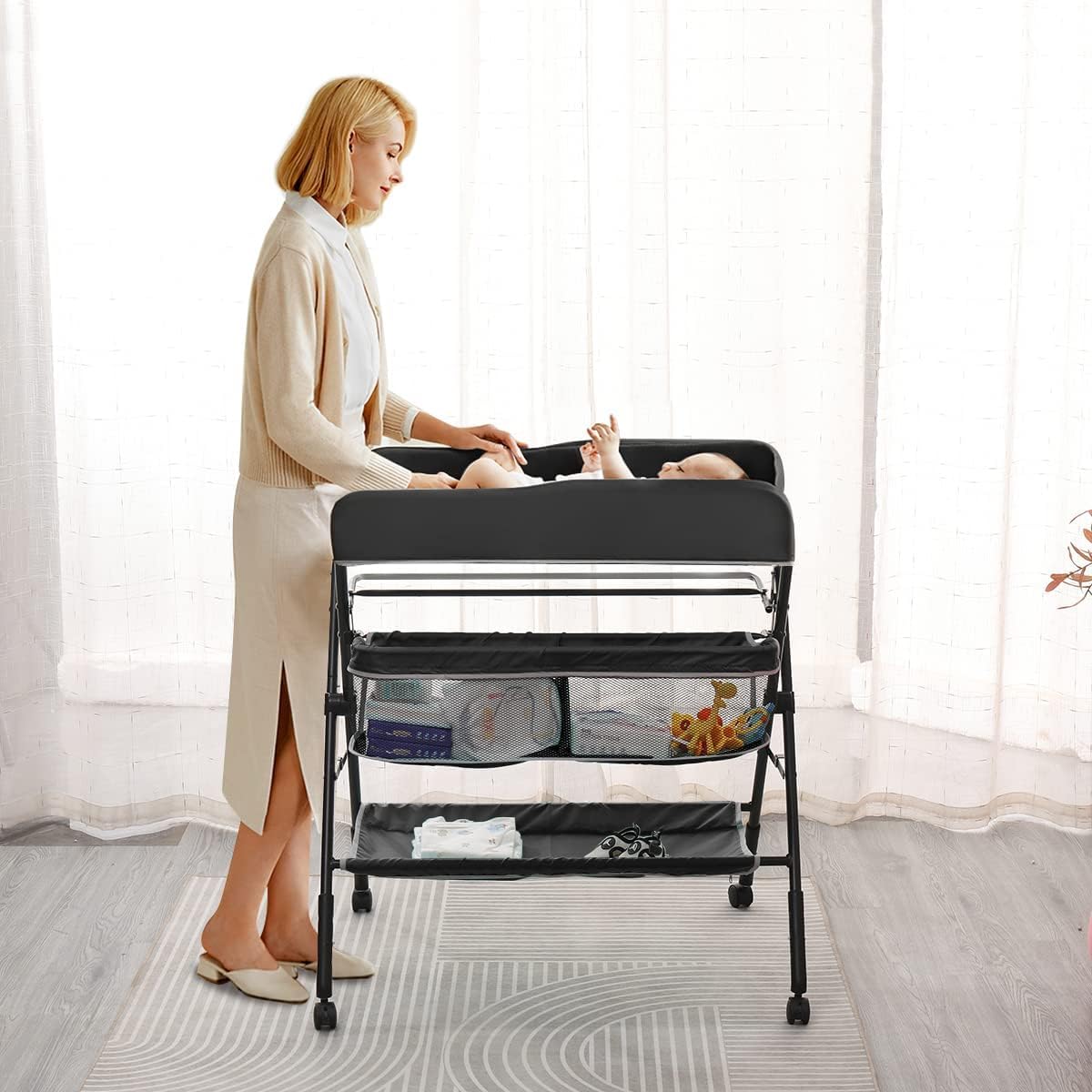 Mesa For Cambiar Pañales Plegable For Bebés Con Almacenamiento Sobre Ruedas, Cambiador Móvil For Lactancia Infantil Mesa De Altura Ajustable For El Cuidado Del Recién Nacido Masaje Con Bolsa(Grey)